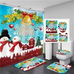 4Pcs Christmas Snowman Shower Curtain Sets Winter Jingle Bell Bathroom Set